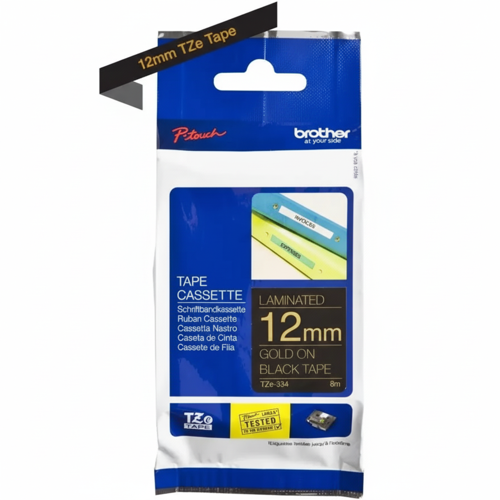 Taśma Oryginalna Brother TZe-344 (TZE344) (Czarny) (18 mm, 8 m, Czarna, Złoty)