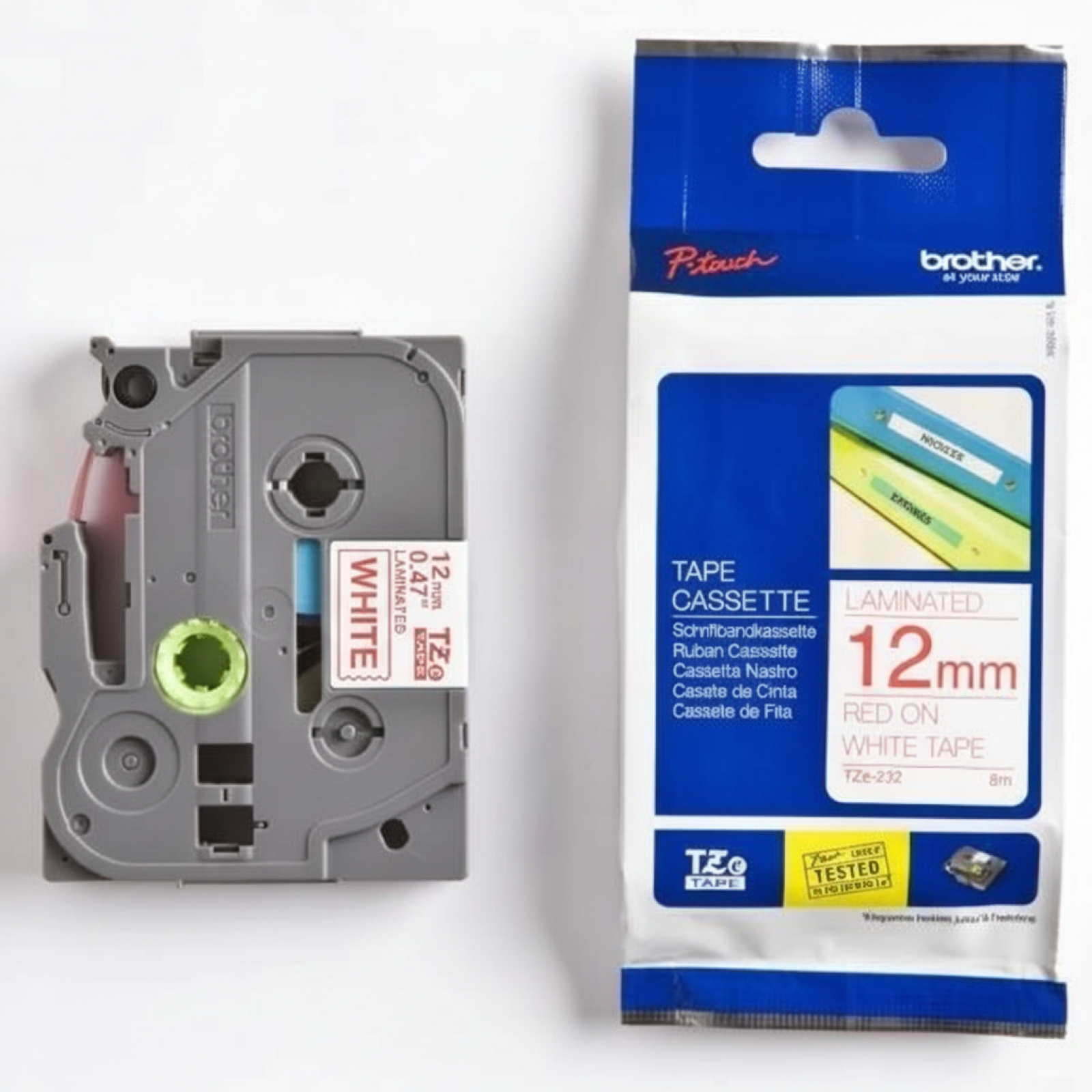 Taśma Oryginalna Brother TZe-232 (TZE232) (Biały) (12 mm, 8 m, Biała, Czerwony)